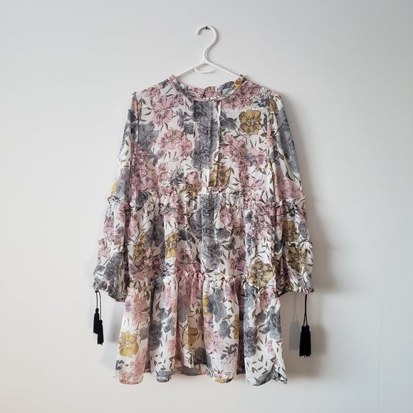 Boho Floral Print Tassel Long Sleeves Chiffon Dress - Picture 4 of 9